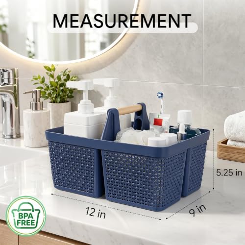 UUJOLY Portable Plastic Shower Caddy Basket with Wooden Handle, Dark Blue - color: Dark Blue