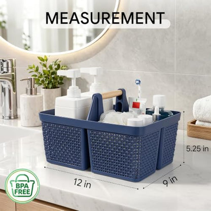 UUJOLY Portable Plastic Shower Caddy Basket with Wooden Handle, Dark Blue - color: Dark Blue