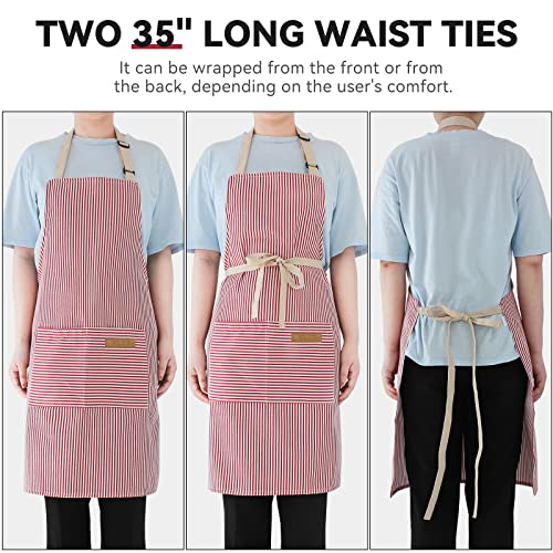 NLUS 2 Pack Cooking Aprons for Women with Pockets, Adjustable Kitchen Bib Aprons Chef Aprons for Women Men(Red Pinstripes) - color: Red