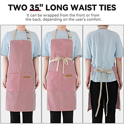 NLUS 2 Pack Cooking Aprons for Women with Pockets, Adjustable Kitchen Bib Aprons Chef Aprons for Women Men(Red Pinstripes) - color: Red