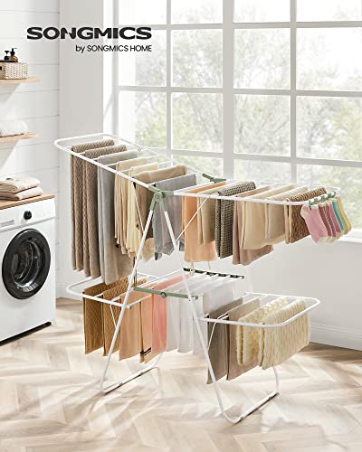 SONGMICS Clothes Drying Rack, Foldable 2-Level Stee Laundry Drying Rack - color: White + Green, size: 2 Tiers（22"d x 61.8"w x 64.3''h )