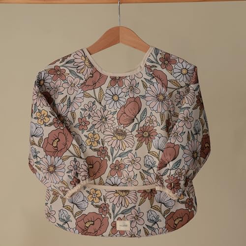 mushie Long Sleeve Baby Bib | Water Resistant Adjustable Fit - color: Retro Flowers