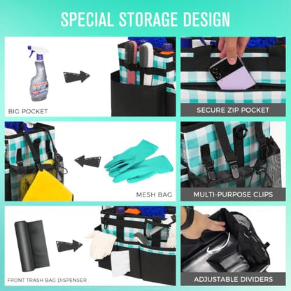 SCAVATA Wearable Cleaning Caddy, Cleaning Caddy Supplies Organizer with Handle & Shoulder Straps for Housekeepers, Under Sink & Car Cleaning Tool Organizers Bag with 4 Foldable Divider (BluePlaid) - color: BluePlaid