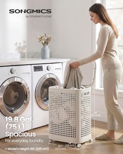 SONGMICS Laundry Hamper with Wheels, 75 L Laundry Basket with Lid - color: Cappuccino Beige, size: Lid and Wheels
