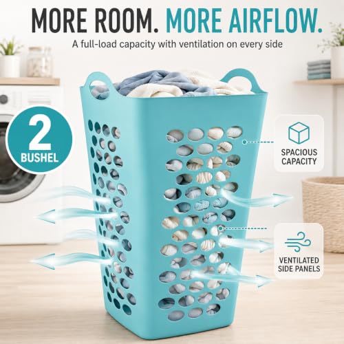 Teal Square Laundry Hamper 2 Bushel, Flexible Plastic Basket - color: Blue-Handle-2 Bushel