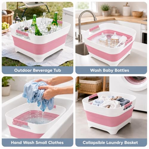 Collapsible Dish Basin with Drain Plug, 2.4 Gal 9L Foldable Wash Basin, Portable Sink Tub for Kitchen, Baby Bottles, Camping, RV, Vegetable Washing and Beverage Tub, Pink - color: Pink