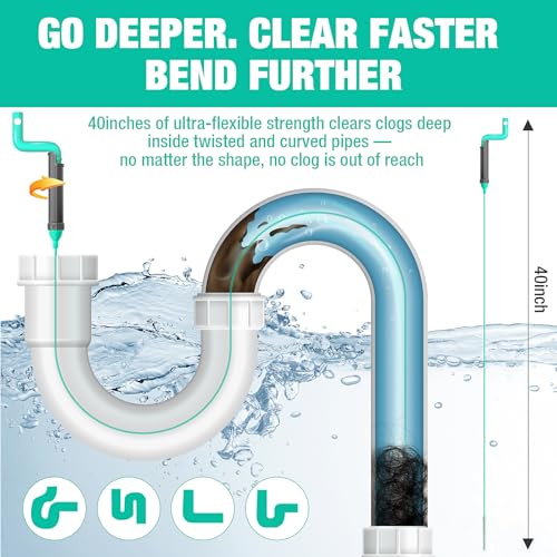 40inch Bathroom Drain Hair Remover Tool with Rotating Handle, Reinforced Steel Core Drain Snake Cleaner for Shower, Bathtub and Bathroom Sink, Flexible Hair Clog Removal Tool for Narrow Drains(6PCS)