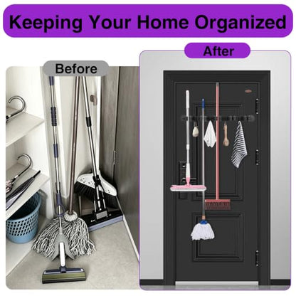 Magnetic Broom Holder Wall Mount - Heavy Duty Non-Slip Mop Hanger with 4 Hooks And 5 Rack, No Drill Tool Organizer for Refrigerator,Garage,Laundry Room (Black, 5Racks 4Hooks)