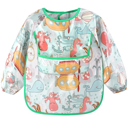 Accmor 4 Pack Long Sleeve Baby Bibs, Waterproof Sleeved Bibs for Eating Feeding, Toddler Baby Girls Boys Smock Bibs - color: Reversible Pocket-animals/Ocean/Strawberry/Rabbit