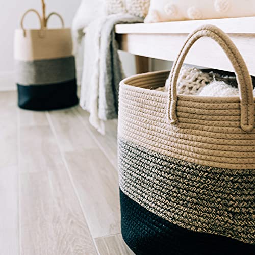 OrganiHaus Round Toy Basket & Blanket Basket, Cotton Rope 20x13" - color: 3-toned Brown, size: Wide