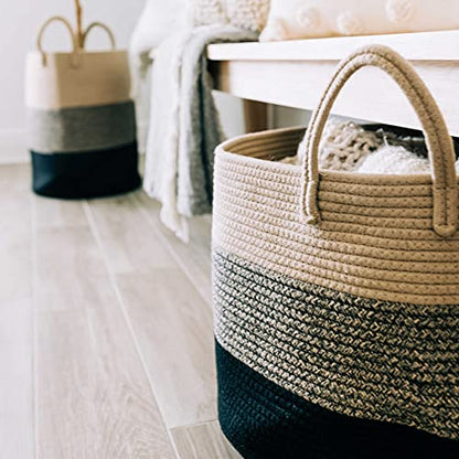 OrganiHaus Round Toy Basket & Blanket Basket, Cotton Rope 20x13" - color: 3-toned Brown, size: Wide