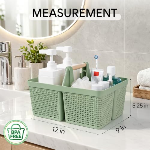 UUJOLY Portable Plastic Shower Caddy Basket with Wooden Handle, Green - color: Green