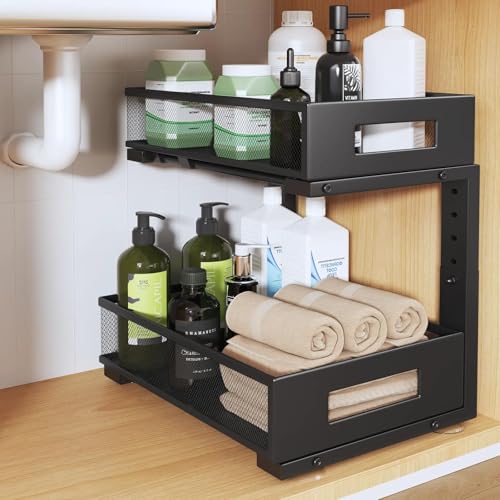 2-Tier Under Sink Organizer with Sliding Drawers, Pull-Out Cabinet Organizer with Adjustable Height, Kitchen & Bathroom Storage Shelf, Black, 1 Pack - color: Black, size: 1 Pack-15.9"Dx11.6"-16.7" H