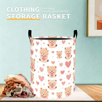 Cute Teddy Bear Heart Laundry Basket Hamper for Boys Girls Kids Adults, Foldable Waterproof Oxford Clothes Storage Bin, Bear Heart Organizer for Bedroom Bathroom Room Decor 19.7"x15.7" - style: Teddy Bear
