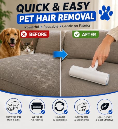 Pet Hair Remover Roller for Dogs and Cats, Reusable Self-Cleaning Lint Roller for Furniture, Couch, Carpet, Bedding and Clothing, No Refills or Batteries Required