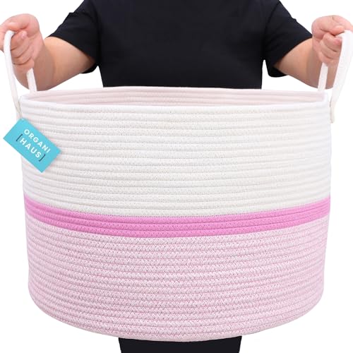 OrganiHaus Round Toy Basket & Blanket Basket, Cotton Rope 20x13" - color: Striped Pink, size: Wide