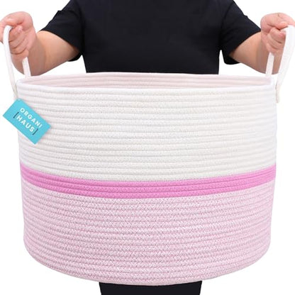 OrganiHaus Round Toy Basket & Blanket Basket, Cotton Rope 20x13" - color: Striped Pink, size: Wide