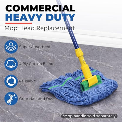 Onesimus 28 oz Heavy Duty Mop Head Replacement, 5 Inch Headband for Quick Change Handle, Blue Loop-End Cotton Blend String Wet Dry Floor Mop Refill, X-Large Size, Case Pack of 12 Pcs - size: Case Pack (X-Large)