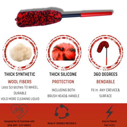 oesee Professional 4 Pack Long Handle Wheel Brush Kit for Cleaning Wheel and Tire- 2X Soft Wheel Cleaning Brush, Detailing Brush and Stiff Tire Brush, Bendable& Durable Wheel Rim Cleaner Brush Set - size: 4 Pack (Red & Black)