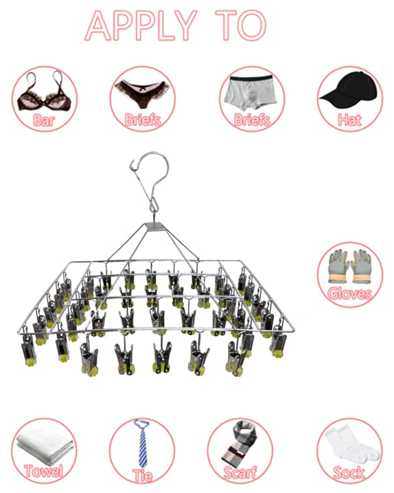 Quick Release Stainless Steel Laundry Drying Rack with Clips, Swivel Hook Wind-Proof Clothes Hanger Rack for Sock, Bras, Underwear, Laundry (Rectangle 40 Clips) - size: Rectangle 40 CLIPS