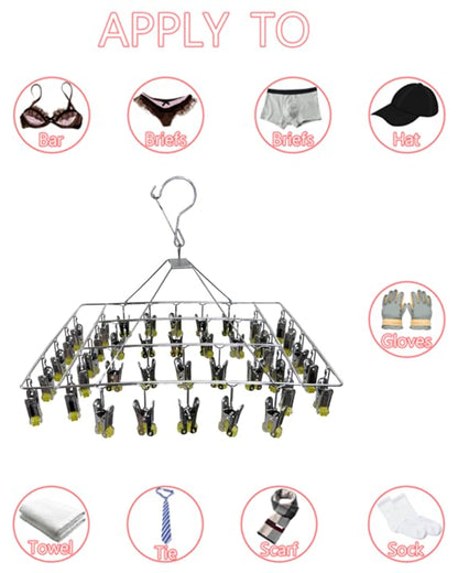 Quick Release Stainless Steel Laundry Drying Rack with Clips, Swivel Hook Wind-Proof Clothes Hanger Rack for Sock, Bras, Underwear, Laundry (Rectangle 40 Clips) - size: Rectangle 40 CLIPS