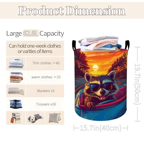 Cool Raccoon Sunset Drive Laundry Basket 19.7"x15.7", Collapsible Dirty Clothes Waterproof Cute Animal Laundry Hamper Organizer Toy Storage Bin for Dorm Nursery Bathroom Decor - style: Raccoon07