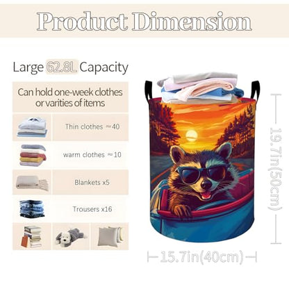 Cool Raccoon Sunset Drive Laundry Basket 19.7"x15.7", Collapsible Dirty Clothes Waterproof Cute Animal Laundry Hamper Organizer Toy Storage Bin for Dorm Nursery Bathroom Decor - style: Raccoon07