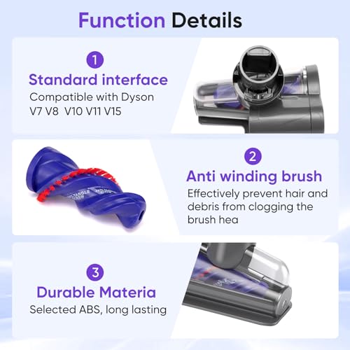 Mini Motorized Tool Brush Head Compatible with Dyson V7 V8 V10 V11 V15 Cordless Vacuum Cleaner, Handheld Couch Vacuum Attachment Anti-Tangle Replacement Parts Head Suitable for Long and Pet Hair - style: V7 V8 V10 V11 V15