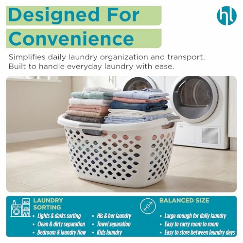 Home Logic 1.75 Bushel Plastic Laundry Basket with Hip Grip, Large Laundry Hamper with Handles, Ventilated Clothes Organizer for Bedroom Bathroom Closet, 2 Pack, White - size: 1.75 Bushel
