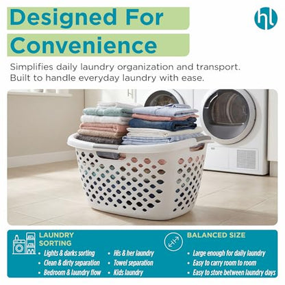 Home Logic 1.75 Bushel Plastic Laundry Basket with Hip Grip, Large Laundry Hamper with Handles, Ventilated Clothes Organizer for Bedroom Bathroom Closet, 2 Pack, White - size: 1.75 Bushel