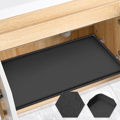 Silicone Under Sink Mat, 28"x19", Waterproof Cabinet Liner, Black - color: Black, size: 19"W x 28"L