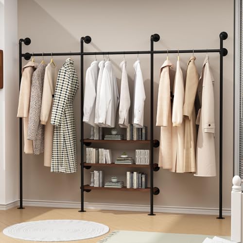 HOMEKAYT Industrial Pipe Clothes Rack,Wall Mounted Clothing Rack with Shelves, Heavy Duty Multi-Purpose Storage Clothes Hanging Shelf - 94.5''L Black - color: black, size: 94.5''L-A