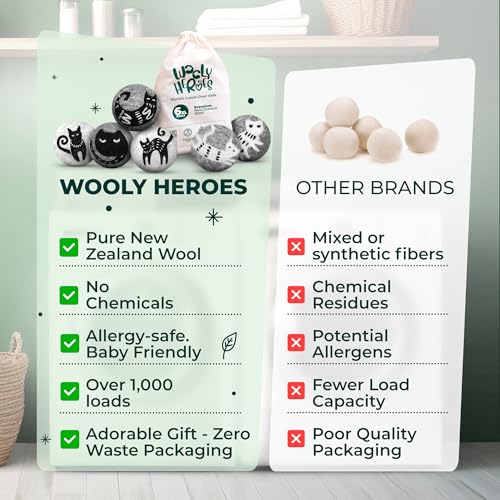 Chemical Free & Baby Safe! Reusable Wool Dryer Balls XL 6-Pack - Reduces Static, Cuts Dry Time, & Softens Naturally - color: Kitty & Friends