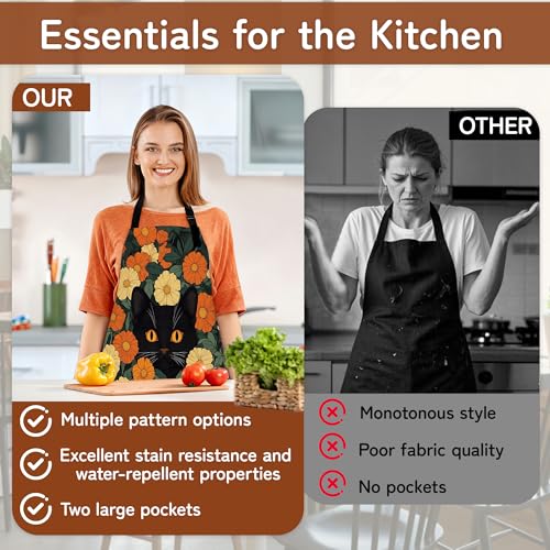 Cooking Aprons for Men and Women,Adjustable Bib Chef Apron with 2 Pockets, Soft and Durability Kitchen Apron - color: Black Cat Flowers