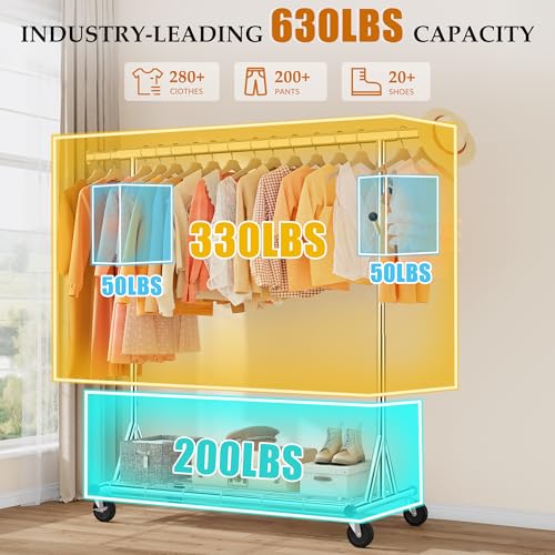 Gewudraw Clothes Rack Heavy Duty 630 LBS Capacity-Rolling Clothing Rack - color: Silver, style: Single Rod