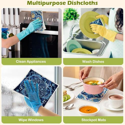 6 Pcs Swedish Paper Cloths for Kitchen, Reusable Paper Towels Washable - color: Blue Retro Floral
