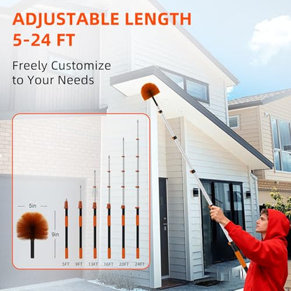 30 FT Reach Cobweb Duster with 5-24 FT Telescoping Pole, Dual Action Flip-Lock & Screw Fixing Design, Washable Reusable Duster for High Ceilings, Fans & Home Cleaning - size: 5-24FT