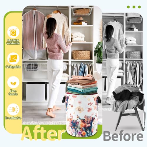 Highland Cow Floral Laundry Basket Foldable Waterproof 18.9 x 16.5 Inch - color: Beautiful Highland Cow