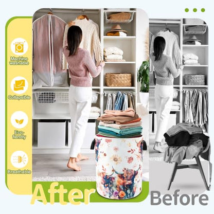Highland Cow Floral Laundry Basket Foldable Waterproof 18.9 x 16.5 Inch - color: Beautiful Highland Cow