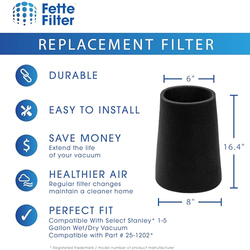 Fette Filter - 25-1202 Foam Filter Compatible with Stanley 1-5 Gallon Wet/Dry Vacuum SL18910P-3, SL18129, SL18133,SL18129 Filter Sponge Vacuum Cleaner -Pack of 3