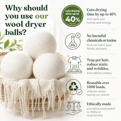 Laundry Kit with Wool Dryer Balls & Essential Oils Set – 4 XL White Dryer Balls + 6 Scent Oils for Natural Fabric Softening, Fresh Scent & Chemical-Free Laundry - color: White W/ Essential Oil Set