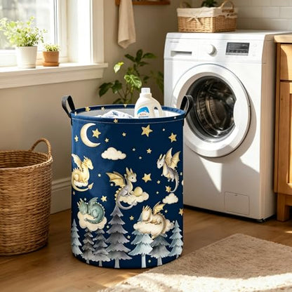 Round Dragon Print Waterproof Foldable Household Laundry Hamper - color: Round Cute Dragon