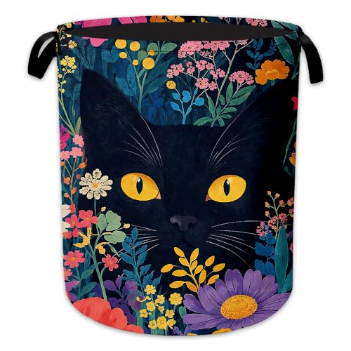 Black Cat Laundry Hamper, Floral Garden Laundry Baskets, Waterproof Oxford Cloth for Room/Bathroom/Bedroom/Dormitories 16x20.8 Inch - color: Black Cat