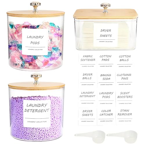 3 Pack Laundry Room Organization Storage Containers, Plastic Clear Laundry Pods Container & Dryer Sheet Holder Jars with Lids, Scoops & Labels for Detergent, Powder, Dryer Balls, Beads - color: 3pcs-round