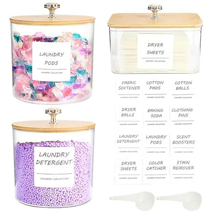 3 Pack Laundry Room Organization Storage Containers, Plastic Clear Laundry Pods Container & Dryer Sheet Holder Jars with Lids, Scoops & Labels for Detergent, Powder, Dryer Balls, Beads - color: 3pcs-round