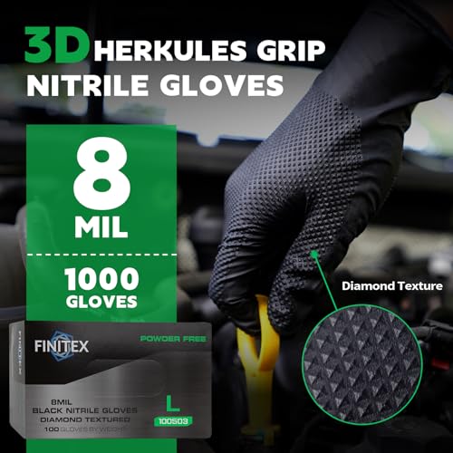 FINITEX Disposable Nitrile Diamond Texture Black 8mil Mechanic Gloves - color: Black (Large 1000)