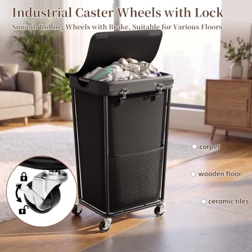 Laundry Hamper with Wheels and Lid, 110L Large Rolling Laundry Basket Black - color: Black, size: 110L