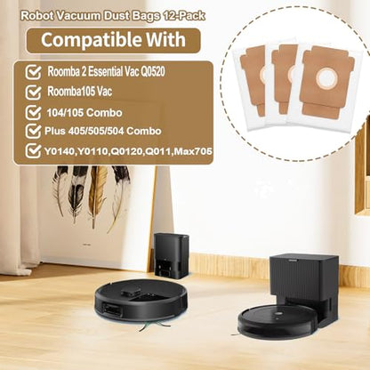 12-pack of 2.8L disposable dust bags replacement Parts for Roomba 2 Essential Vac Q0520, Roomba105,104/105 Combo,Plus 405/505/504 Combo,Y0140,Y0110,Q0120,Q011,Max 705 Robot Vacuum Cleaner