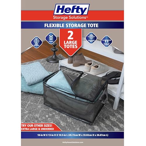 Hefty Large Flexible Tote with Breathable Mesh, Double Zipper, 2 Handles – Ideal for Moving or Clothes & Apparel Storage, Alternative to Plastic Bin, Organizer or Container – 2 Pack - size: 11 Gal - Standard - 2 Pack
