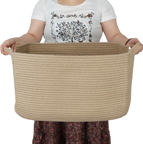 XUANGUO Large Rectangle Woven Jute Rope Storage Basket 22"x17"x12" - color: Jute